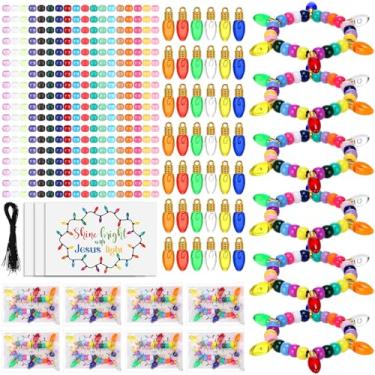 Imagem de Ferreve 40 conjuntos de kits de artesanato de pulseiras cristãs de Natal DIY coloridas de contas de Natal com mini lâmpadas e cartões de lâmpada de Jesus presentes religiosos para atividades