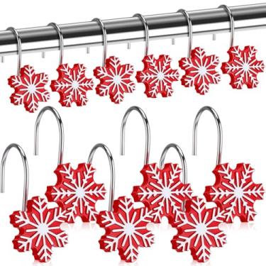 Imagem de CroBlissful 12 ganchos de cortina de chuveiro de floco de neve de Natal, inverno, 2 estilos, flocos de neve, ganchos para cortina, vermelho, branco, anéis decorativos de inverno para banheiro, varões