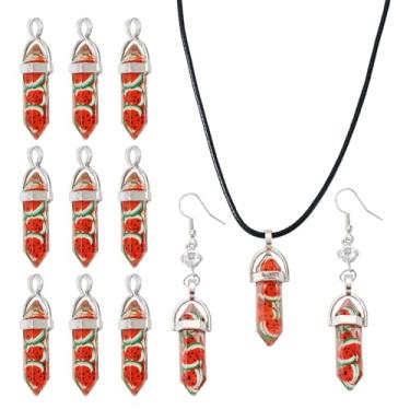 Imagem de Craftdady Pingentes transparentes em forma de bala, 12 peças, com tema de frutas vermelhas, laranja facetada, resina epóxi com argila de polímero, melancia e liga para encontrar pingentes para colar