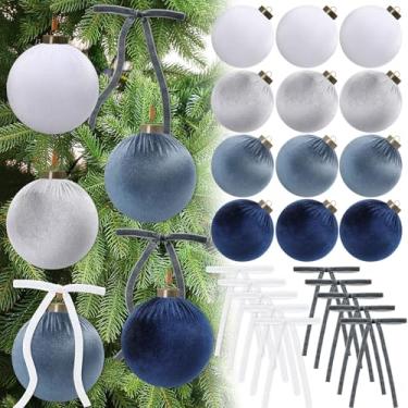 Imagem de Liliful Conjunto de 36 peças de enfeites de Natal de veludo de 10 cm, 12 bolas grandes de enfeites flocados, 24 laços de fita de veludo de Natal, vintage, à prova de estilhaçamento, guirlanda de