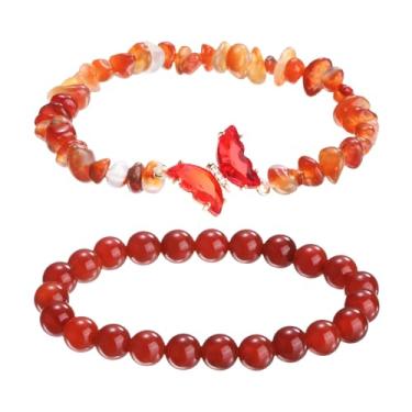 Imagem de PATIKIL Pulseiras de cristal para mulheres, 2 peças, pulseira de contas de ametista natural com pingente de borboleta elástica para presentes de amizade de casal, vermelho