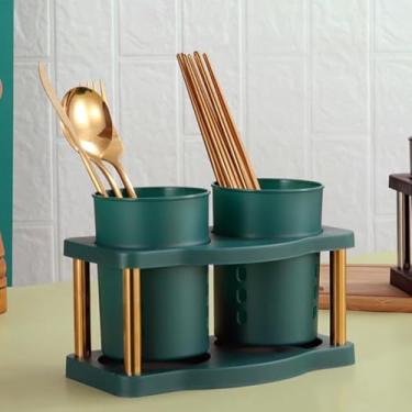 Imagem de Porta-pauzinhos e colher de drenagem de tubo duplo – Organizador de utensílios ventilado oco com grande abertura e acabamento fosco (verde)