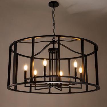 Imagem de TOCHIC Lustre Preto Moderno 38" Lustres Industriais Redondos Iluminação De Fazenda Lustres De Tambor Grande Luminária Pendente Para Sala De Jantar, Quarto, Hall De Entrada, Corredor, 6 Luzes