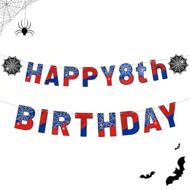 Imagem de Banner de feliz aniversário com tema de aranha – Decorações de festa de super-heróis para crianças, guirlanda de cartolina com glitter azul vermelho com teias de aranha, pano de fundo de aniversário
