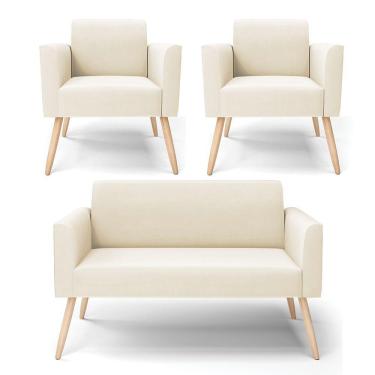 Imagem de Sofá Namoradeira Com 2 Poltronas Pés Palito Natural Marisa Veludo D03 - D\'rossi Cor Bege