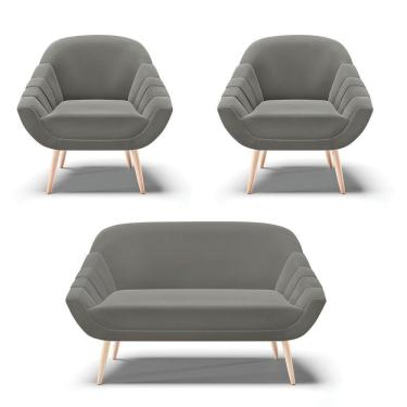 Imagem de Kit 01 Namoradeira E 02 Poltronas Suede Grafite Natural