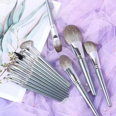 Imagem de Conjunto de 14 pincéis de maquiagem profissionais, pincéis de sombra para os olhos, pincel de pó solto, pincel de blush e base, ferramenta de beleza para o dia todo (prata, 14 pincéis de maquiagem)