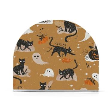 Imagem de JUZIHAI Porta-guardanapos de Halloween Cats Boo para mesa Dispensador de guardanapos de acrílico para mesa Suporte de lenços independente para cozinha sala de jantar bar festa decoração de casa