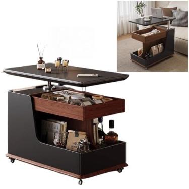Imagem de Mesa de canto ajustável com elevador giratório de 360° e rodas com trava, mesa de centro elevatória com armazenamento, para sala de jantar e quarto (preto)