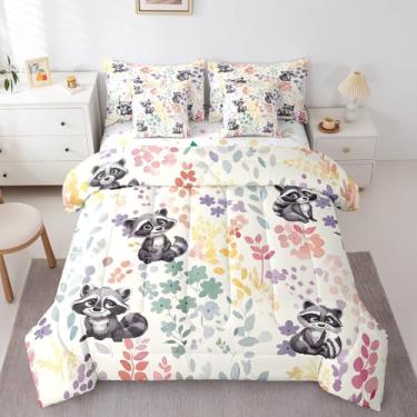 Imagem de Erosebridal Jogo de cama infantil de guaxinim fofo, conjunto de cama de guaxinim com flores coloridas, conjunto de cama floral em aquarela com animais selvagens, bolsa com elástico + lençol de cima +
