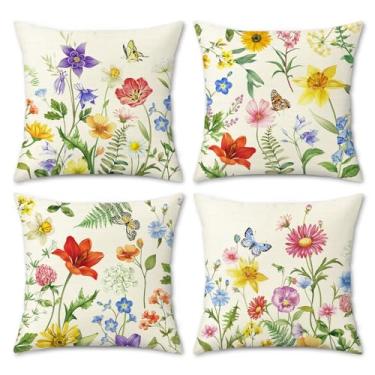 Imagem de COZZSNUGE Capas de almofada floral de primavera, flores de jardim, borboleta, casa de fazenda, fronhas decorativas de poliéster para sofá-cama, casa, pátio, conjunto de 4, 45 x 45 cm