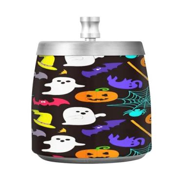 Imagem de Qilmy Cinzeiro de aço inoxidável padrão de Halloween com tampa - Cinzeiro de cigarro à prova de vento sem cheiro sem fumaça para casa, escritório, carro, pátio, varanda (uso interno e externo)