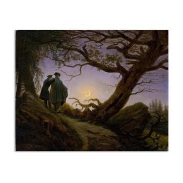 Imagem de Two Men Contemplating the Moon por Caspar David Friedrich Impressões em tela Well Decor The World Classic Art Reproduções de arte grande giclee arte de parede para sala de estar decoração de casa 80 x