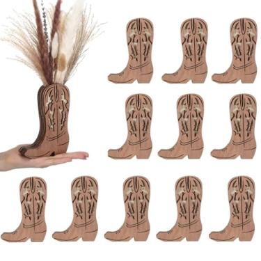 Imagem de LemonRoad 12 vasos de madeira para botas de caubói para casamento, 15 x 10 cm, pequeno vaso de flores para flores, vegetação sintética, rústico, decoração ocidental para mesa, centro de mesa, festa de