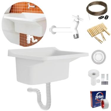 Imagem de Tanque Lavanderia 40L Branco + Sifão Sanfonado + Veda Rosca + Torneira Branca + Varal em Aço + Prendedor + Ralo