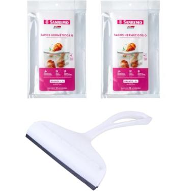 Imagem de Conjunto de 1 Rodo Plástico Multiuso Branco com Raspador 18cm + 2 Saco Abre e Fecha Hermético de 3 Litros