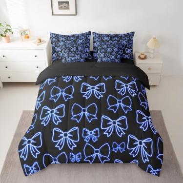 Imagem de jejeloiu Conjunto de edredom com laço e laço, 7 peças, solteiro, azul, preto, kawaii, para decoração de quarto, respirável, macio e leve em microfibra