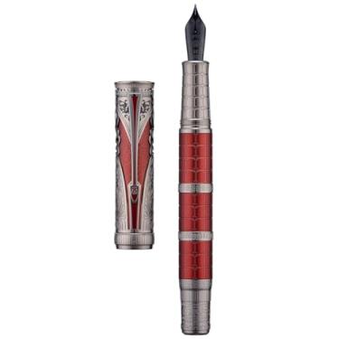 Imagem de Asvine Caneta-tinteiro Hong D5X, ponta fina, cor vermelha, totem chinês retrô da Dinastia Qin com gravação suave com conversor e conjunto de caixa de caneta