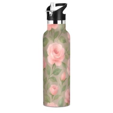 Imagem de Joisal Garrafa de água vintage rosa rosas para crianças adolescentes sem BPA garrafas de água de aço inoxidável isoladas copos de viagem infantis com tampa de canudo para bebidas quentes ou frias, 590