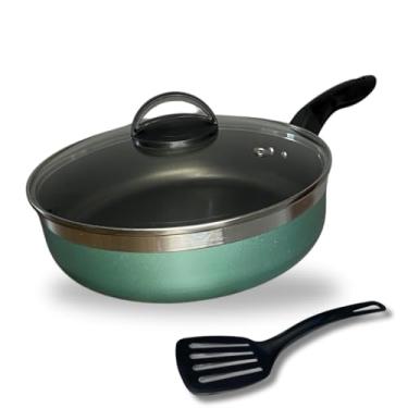 Imagem de Frigideira Alta 24 cm 5 Camadas Antiaderente Teflon e Tampa de Vidro e Espátula Cor Verde Turquesa