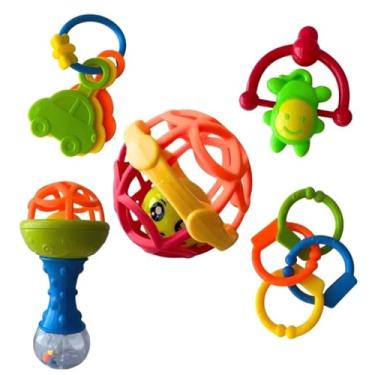 Imagem de Brinquedo Sensorial Infantil, Kit 5 Peças, Mordedor para Bebê, Colorido, com Texturas Diferentes e Argolas Interligadas