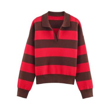 Imagem de Suéter De Malha Listrado Feminino De Manga Longa Estilo Vintage Outono