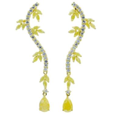 Imagem de Brinco Zircônia Folhas e Gota Semijoia Akasaki BC2929, Dourado, Amarel