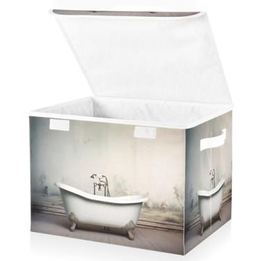 Imagem de Blueangle Cestos de armazenamento de banheira vintage com tampas, 42 x 32 x 30 cm, cesta organizadora grande dobrável para decoração de escritório e armário (94)