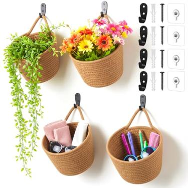 Imagem de Pacote com 4 cestas de tecido para pendurar na parede com ganchos adesivos boho decoração bolsa montada cesta de juta flores plantas conjunto de decoração para sala de estar, quarto, cozinha, 16,5 x