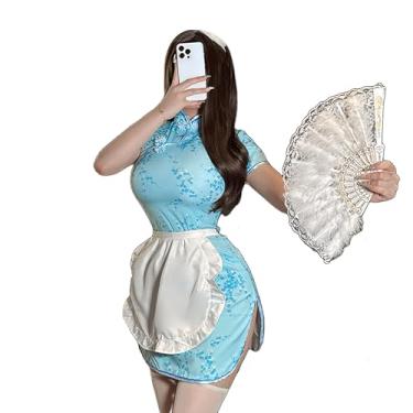 Imagem de SINMIUANIME Vestido sexy cosplay Cheongsam chinês Qipao estilo tradicional anime lingerie bodycon fantasia Babydoll camisola (8545azul, tamanho único)