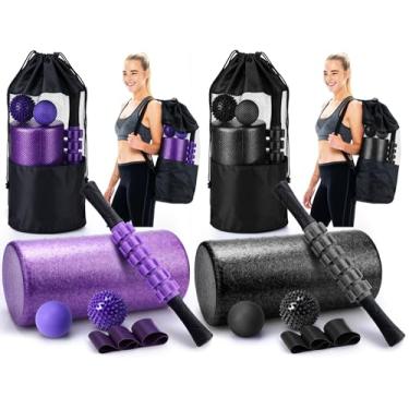 Imagem de Soulchen O conjunto de rolos de espuma 6 em 1 inclui rolo traseiro, bastão muscular, bola de massagem, bola de fascite, alça de alongamento físico, bolsa de transporte para terapia de exercícios