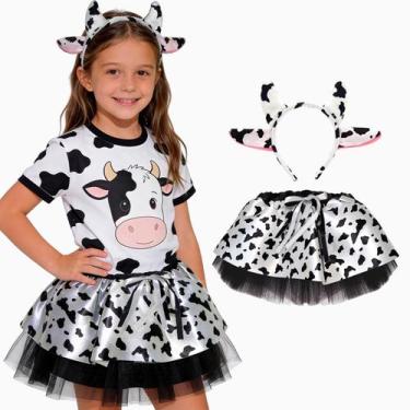Imagem de Fantasia de Vaca Infantil pra Menina Kit com Saia e Tiara Malhadinha -