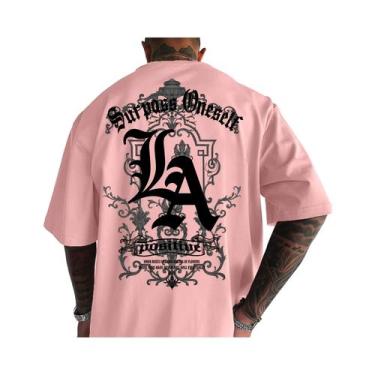 Imagem de Camiseta Casual De Verão Masculina Em Algodão Com Estampa LA, Gola Red