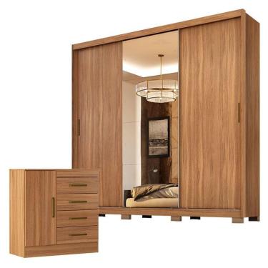 Imagem de Cômoda e Guarda Roupa Casal Dalila 32415PE 4 Portas 8 Gavetas em MDP e MDF com Espelho...