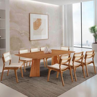 Imagem de Sala De Jantar Mesa Florida Tampo Laminado Barril 8 Cadeiras Linho Off/imbuia Nat/cinam...