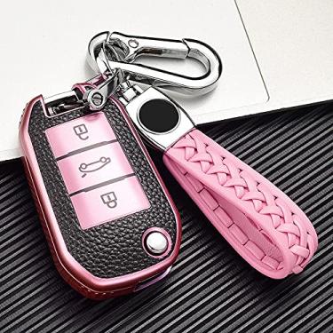 Imagem de SELIYA Capa de chave dobrável de couro + TPU para carro Peugeot 208 308 508 408 2008 3008 407 307 4008, adequado para Citroen C4, C, chaveiro rosa
