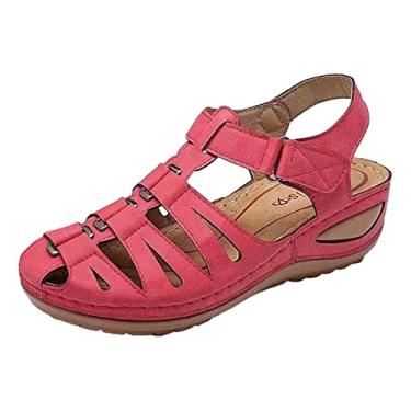 Imagem de Sandálias anabela estilo romano tamanho grande gancho laço sólido conforto sandálias anabela para mulheres bege, Vermelho, 7.5