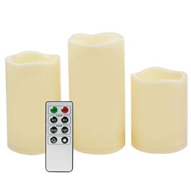 Imagem de 3 velas pilares de LED sem chama à prova d'água graduadas para uso externo com bateria e temporizador remoto, luzes noturnas elétricas, lanterna, pátio, jardim, decoração de casa, festa, casamento