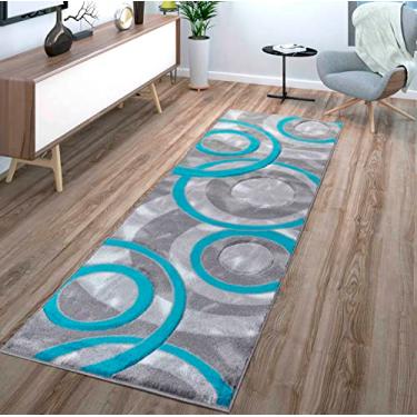 Imagem de Glory Rugs Tapete de área moderno 2x7 círculos turquesa geometria macio esculpido à mão tapete de chão contemporâneo textura fofa para sala de jantar interna e área de quarto