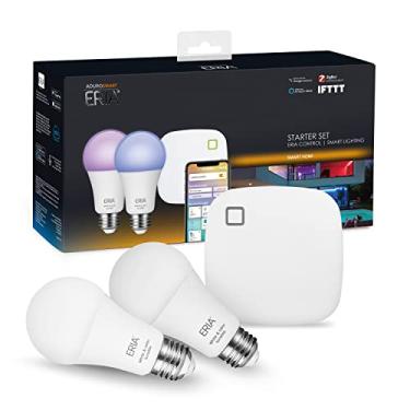 Imagem de AduroSmart ERIA Kit inicial de lâmpada inteligente de LED com cores e tons brancos, equivalente a 60 W, 2 lâmpadas A19 e 1 hub, compatível com Amazon Alexa, Google Assistant.