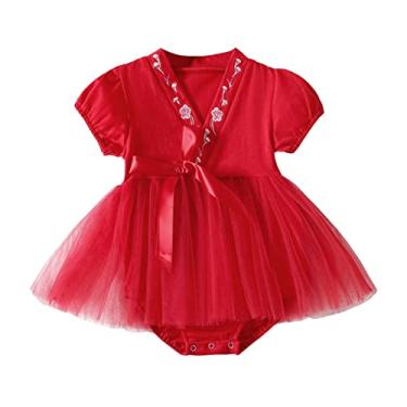 Imagem de Macaquinho para bebês recém-nascidos quimono algodão renda japonesa tule vestido tutu manga curta body bebê menina, Vermelho, 12-18 Meses