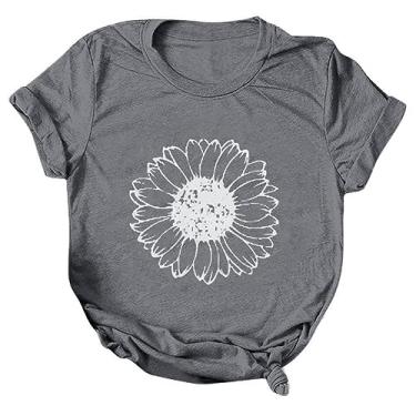 Imagem de Duobla Camisetas femininas de verão 2024 com estampa de girassol, casual, de manga curta, com estampa de flores, roupas modernas, A-2-cinza, M