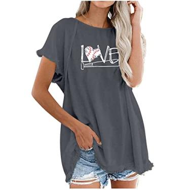 Imagem de Duobla Camiseta de beisebol feminina plus size estampada casual solta túnica camisetas grandes gola redonda 2024 moda primavera, A-3, cinza, M