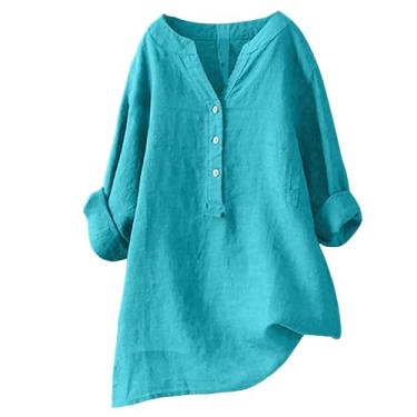 Imagem de Howstar Blusas de linho femininas 2024 verão botão gola V manga curta boho elegante blusa casual plus size túnicas, Azul, M