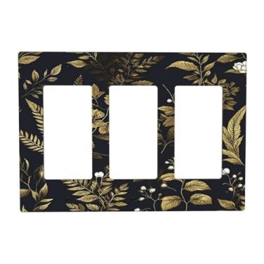 Imagem de Placa decorativa para interruptor de luz, flores douradas, vintage, boêmio, botânico, floral, 3 gangs, placas de parede triplas, placas de interruptor GFCI e capas de tomada para decoração de banheiro