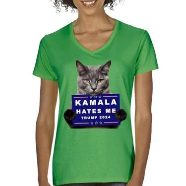 Imagem de Camiseta feminina Kamala Hates Me Trump 2024 gola V engraçada gato republicano animal de estimação anti Harris Vote vermelho MAGA Kitten 47 camiseta luta, Verde, GG