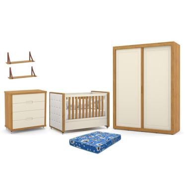 Imagem de Dormitório Tutto 2 Portas, Cômoda, Berço com Capitonê, Colchão Physical e Prateleiras - Matic Móveis 