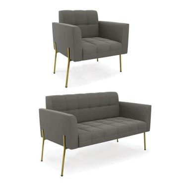 Imagem de Sofá Namoradeira E Poltrona Pé De Ferro Dourado Elisa Suede D03 - D`rossi Cor Grafite