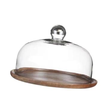 Imagem de IEUDNS Suporte de bolo de madeira com tampa de vidro Suporte de bolo Prato de sobremesa Bandeja de exibição de bolo para muffins de doces Festa festiva de, Tampa de 23cm