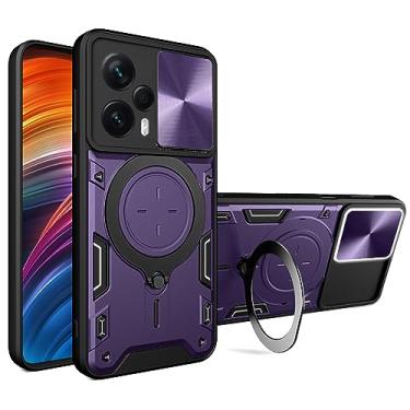 Imagem de Ysnzaq Capa protetora para Xiaomi Poco F5/Redmi Note 12 Turbo, capa de telefone deslizante para lente com suporte de bobina magnética para Xiaomi Poco F5/Redmi Note 12 Turbo CQ roxo